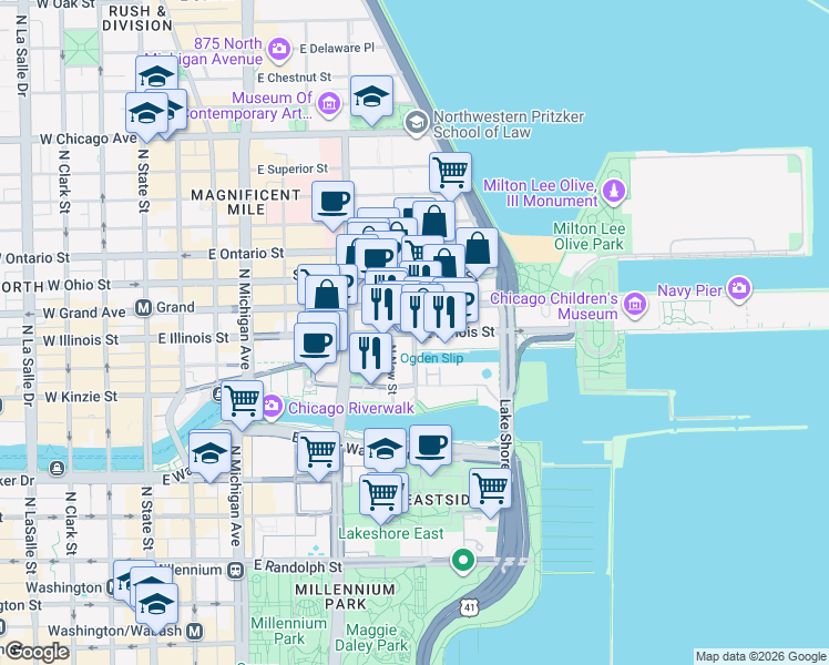 map of restaurants, bars, coffee shops, grocery stores, and more near 440 East Illinois Street in Chicago