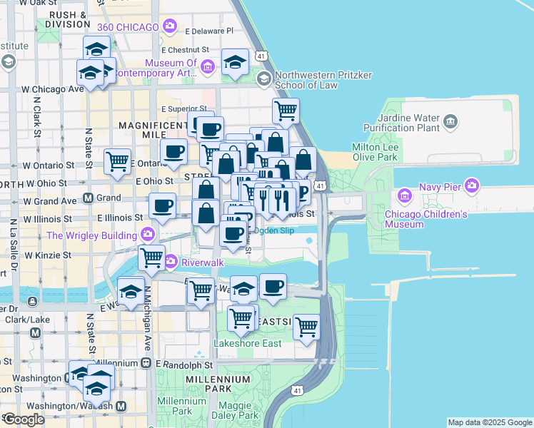 map of restaurants, bars, coffee shops, grocery stores, and more near 446 East Illinois Street in Chicago