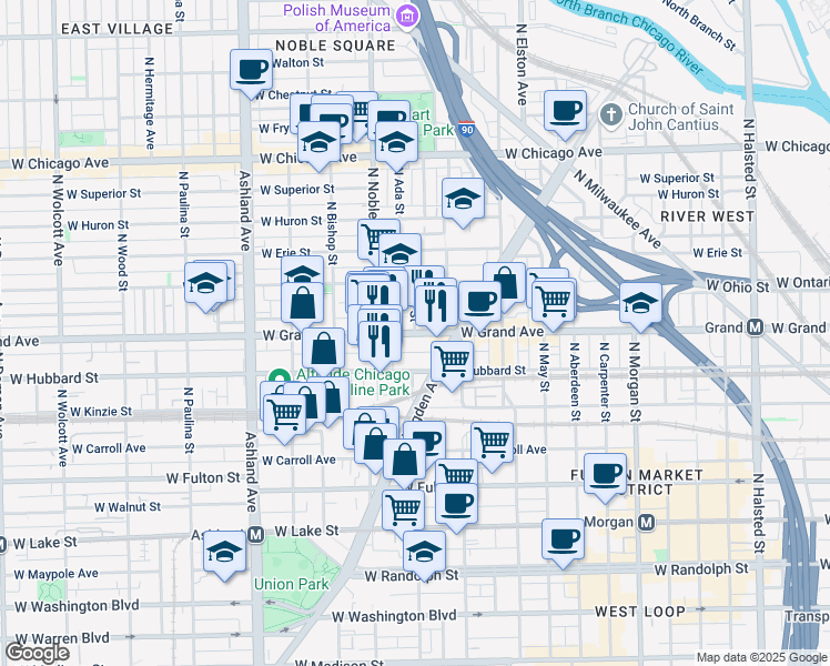 map of restaurants, bars, coffee shops, grocery stores, and more near W Grand Ave & N Ada St in Chicago