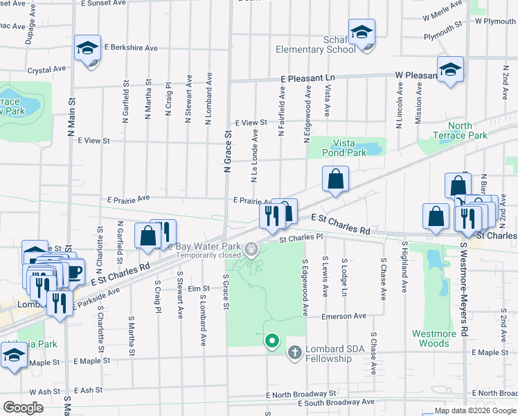 map of restaurants, bars, coffee shops, grocery stores, and more near 433 East Prairie Avenue in Lombard