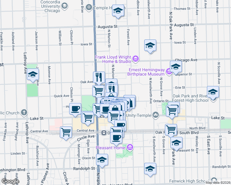 map of restaurants, bars, coffee shops, grocery stores, and more near 198 North Marion Street in Oak Park