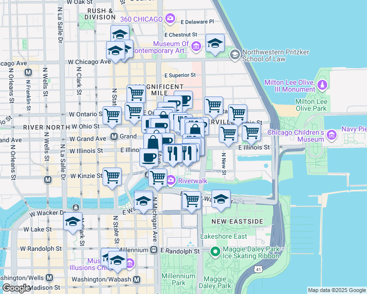 map of restaurants, bars, coffee shops, grocery stores, and more near 200 East Illinois Street in Chicago