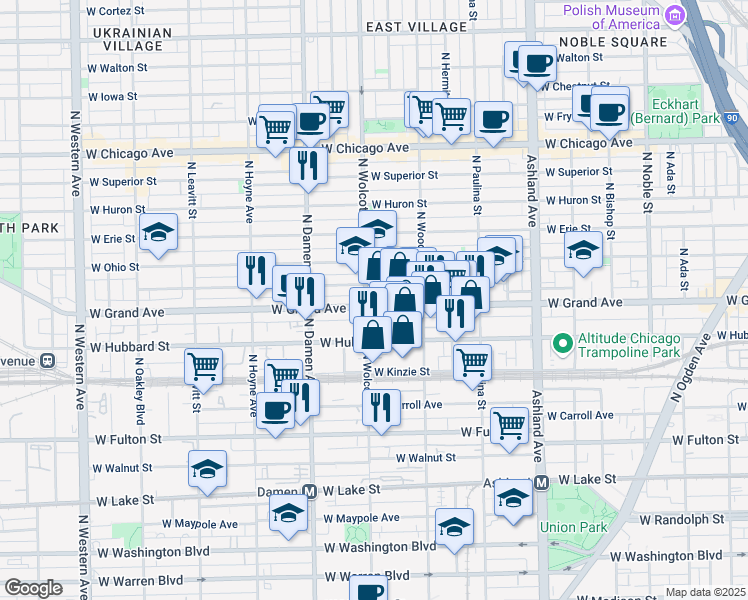 map of restaurants, bars, coffee shops, grocery stores, and more near 1837 West Grand Avenue in Chicago