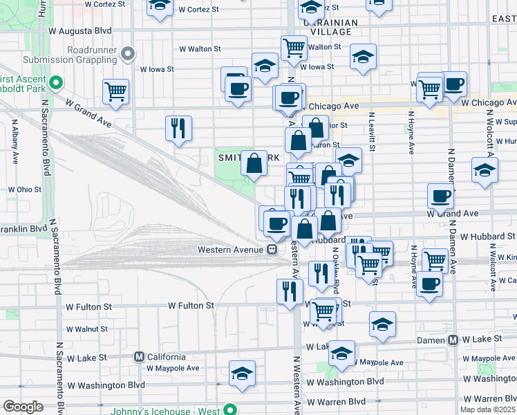 map of restaurants, bars, coffee shops, grocery stores, and more near 466 North Artesian Avenue in Chicago