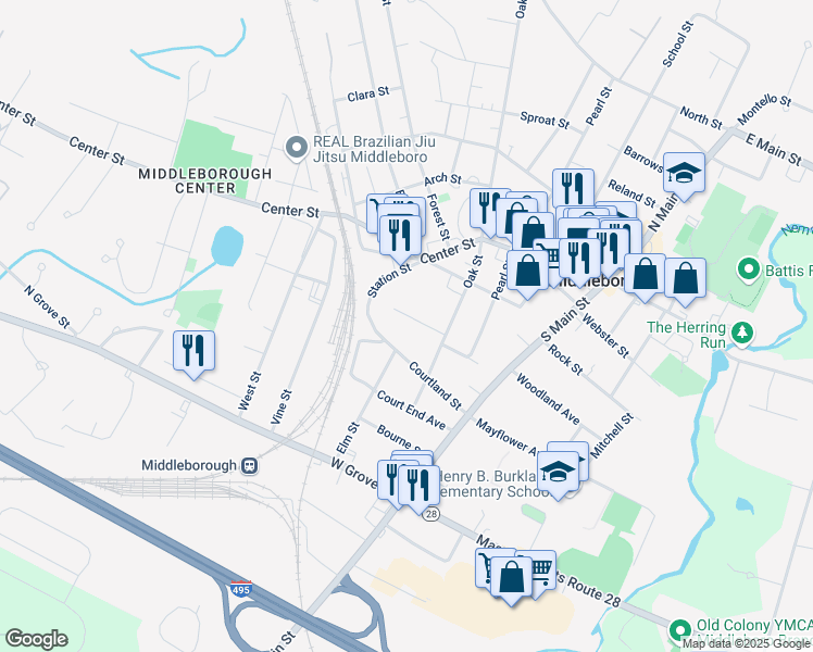 map of restaurants, bars, coffee shops, grocery stores, and more near 37 Courtland Street in Middleborough