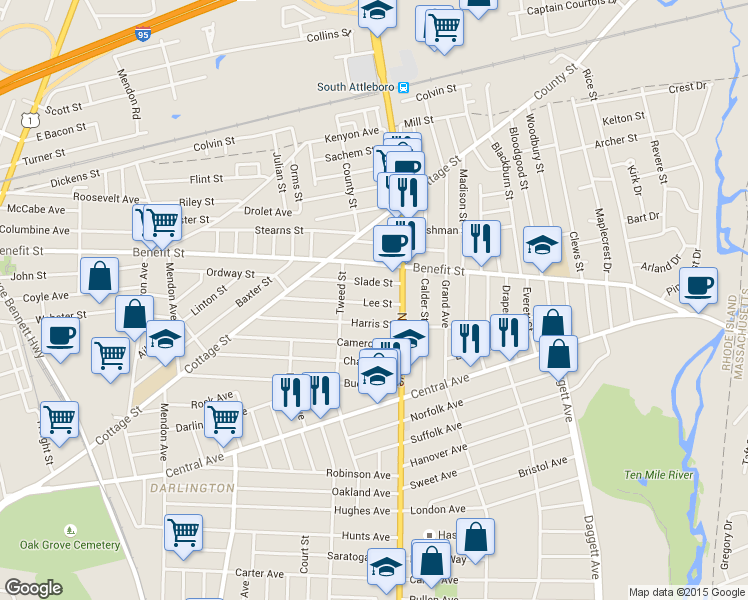 map of restaurants, bars, coffee shops, grocery stores, and more near 174 Harris Street in Pawtucket