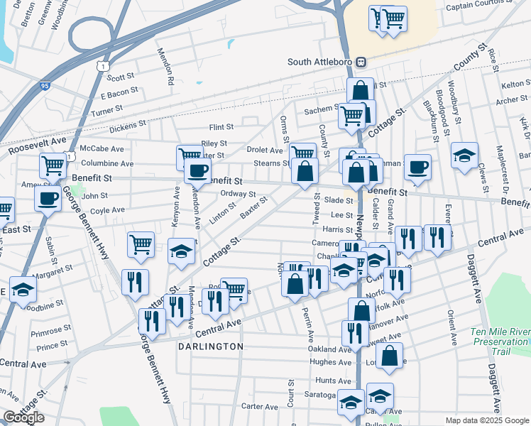 map of restaurants, bars, coffee shops, grocery stores, and more near 29 Harris Street in Pawtucket