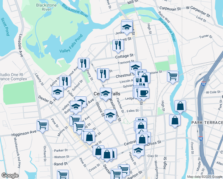 map of restaurants, bars, coffee shops, grocery stores, and more near in Central Falls