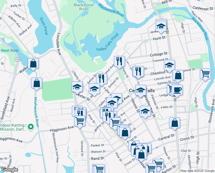 map of restaurants, bars, coffee shops, grocery stores, and more near 231 Fuller Avenue in Central Falls
