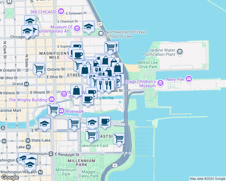 map of restaurants, bars, coffee shops, grocery stores, and more near 465 North McClurg Court in Chicago