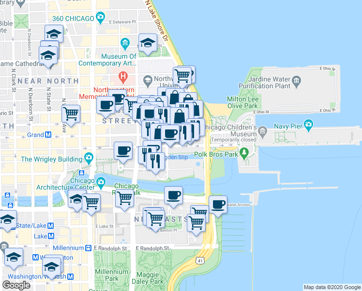 map of restaurants, bars, coffee shops, grocery stores, and more near 465 North McClurg Court in Chicago