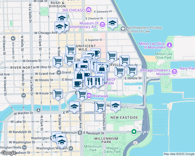 map of restaurants, bars, coffee shops, grocery stores, and more near 450 Cityfront Plaza Drive in Chicago