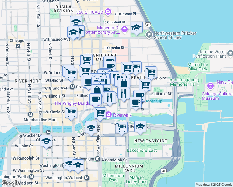 map of restaurants, bars, coffee shops, grocery stores, and more near 450 Cityfront Plaza Drive in Chicago