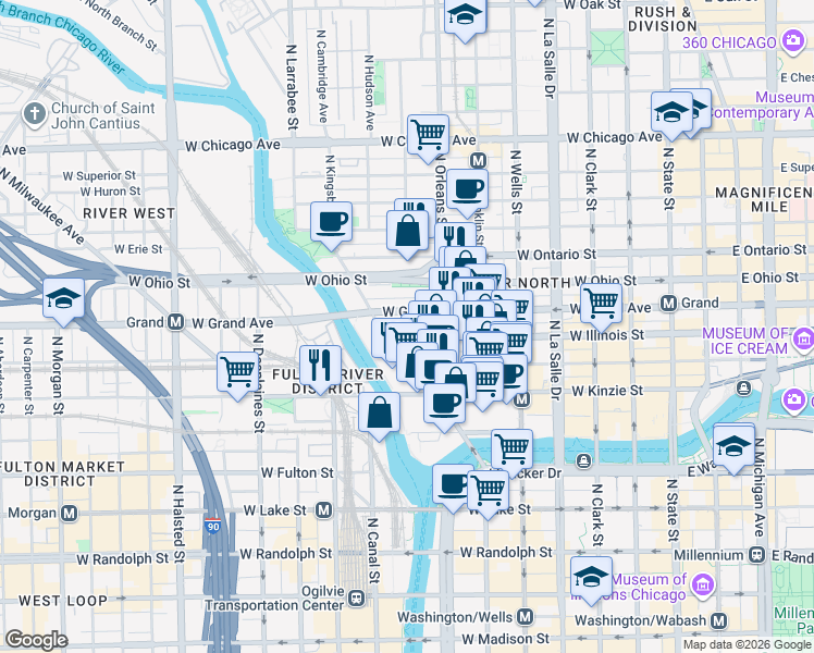 map of restaurants, bars, coffee shops, grocery stores, and more near 500 North Kingsbury Street in Chicago