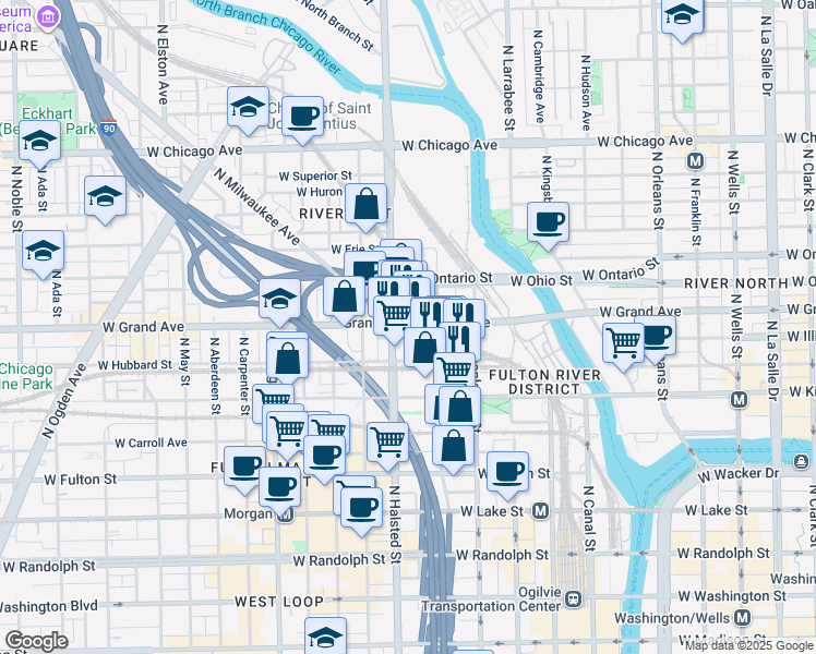 map of restaurants, bars, coffee shops, grocery stores, and more near 470 North Milwaukee Avenue in Chicago