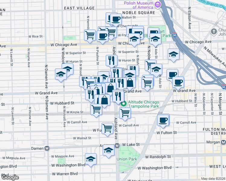 map of restaurants, bars, coffee shops, grocery stores, and more near 1607 West Grand Avenue in Chicago
