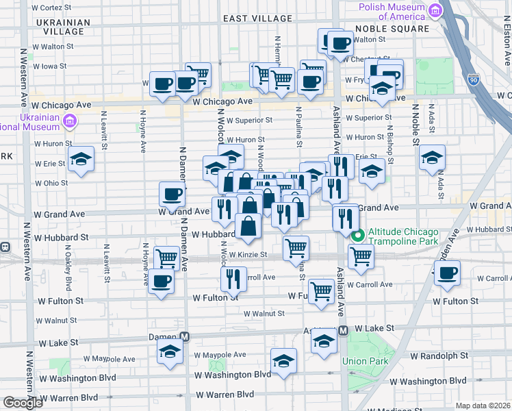 map of restaurants, bars, coffee shops, grocery stores, and more near 1759 West Grand Avenue in Chicago