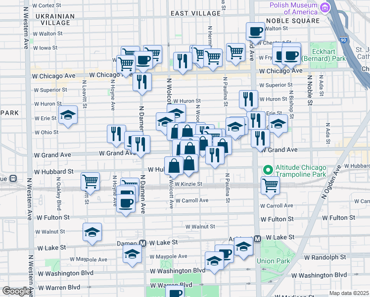 map of restaurants, bars, coffee shops, grocery stores, and more near 1837 West Grand Avenue in Chicago