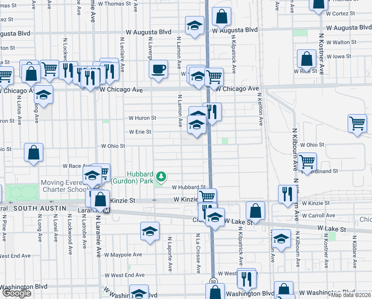 map of restaurants, bars, coffee shops, grocery stores, and more near 4831 West Race Avenue in Chicago