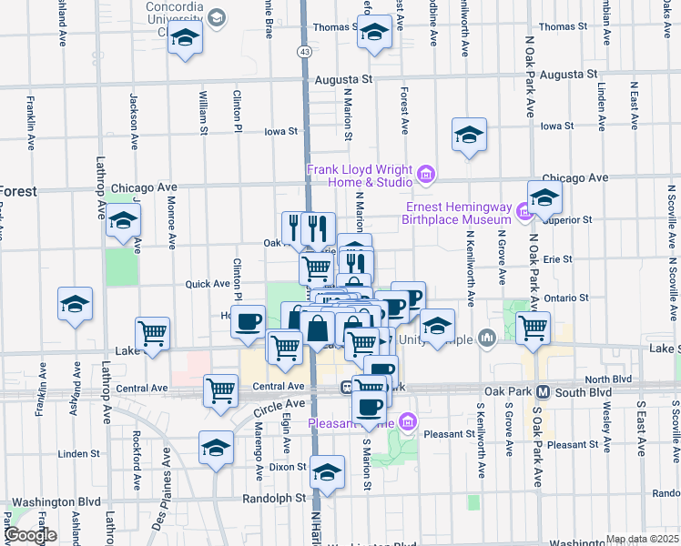 map of restaurants, bars, coffee shops, grocery stores, and more near 1131 Ontario Street in Oak Park