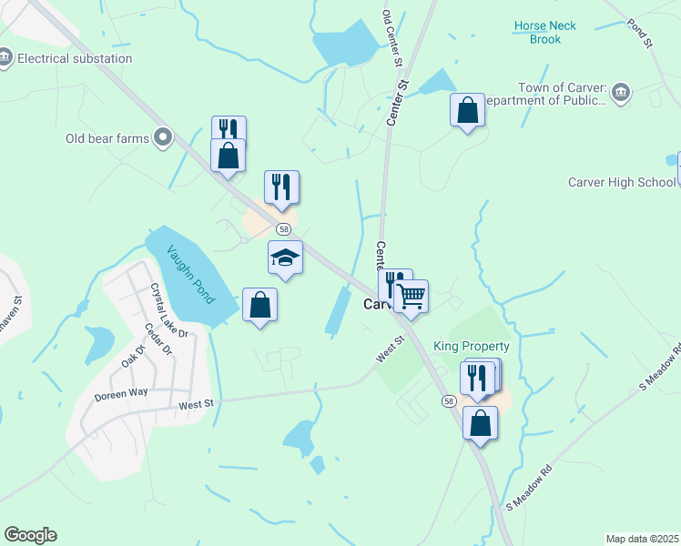 map of restaurants, bars, coffee shops, grocery stores, and more near 85 Main Street in Carver