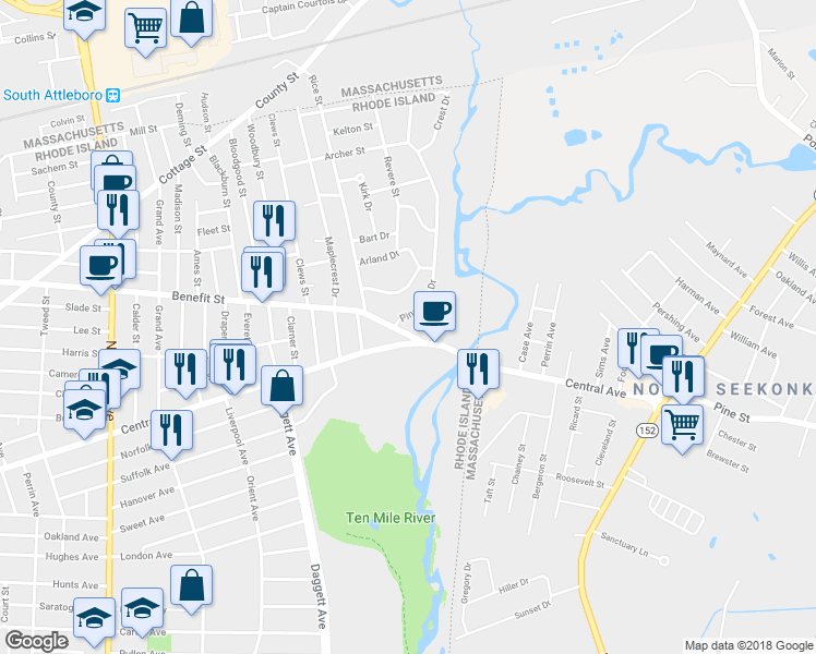 map of restaurants, bars, coffee shops, grocery stores, and more near 3 Pinecrest Drive in Pawtucket