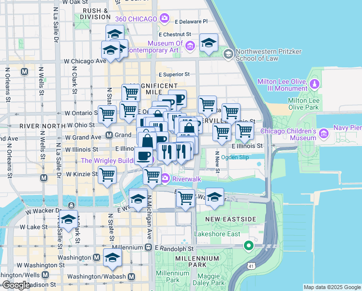 map of restaurants, bars, coffee shops, grocery stores, and more near 450 Cityfront Plaza Drive in Chicago