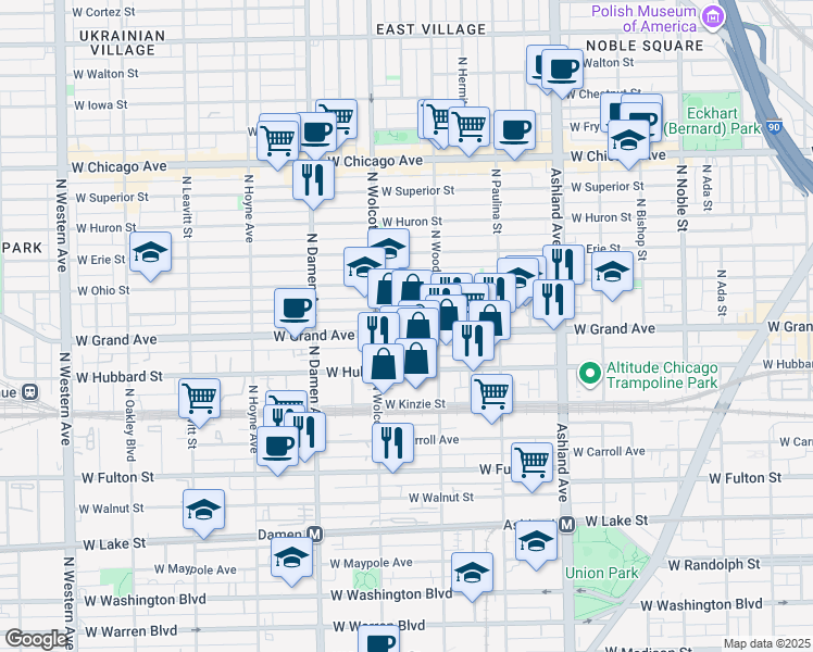 map of restaurants, bars, coffee shops, grocery stores, and more near 1837 West Grand Avenue in Chicago