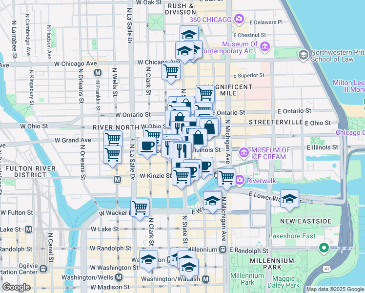map of restaurants, bars, coffee shops, grocery stores, and more near 11 West Illinois Street in Chicago