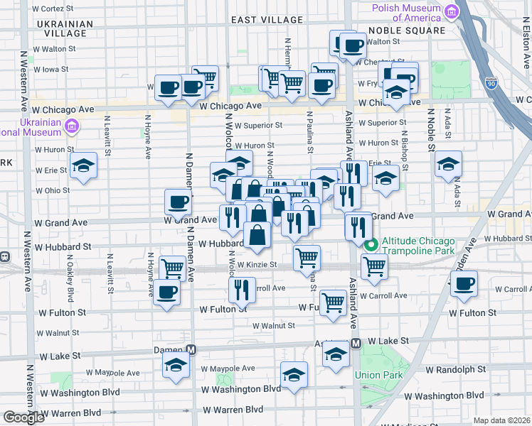 map of restaurants, bars, coffee shops, grocery stores, and more near 1806 West Grand Avenue in Chicago
