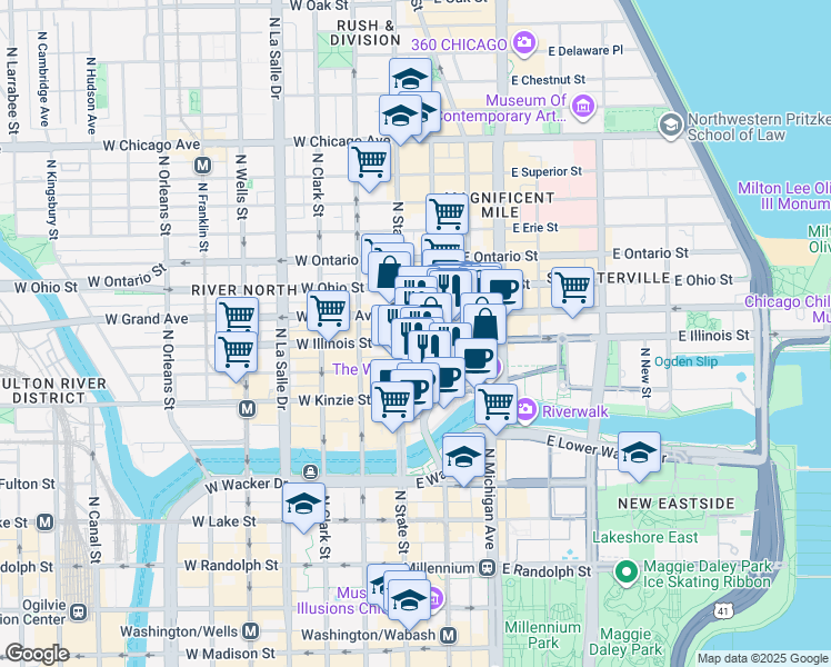 map of restaurants, bars, coffee shops, grocery stores, and more near 505 North State Street in Chicago
