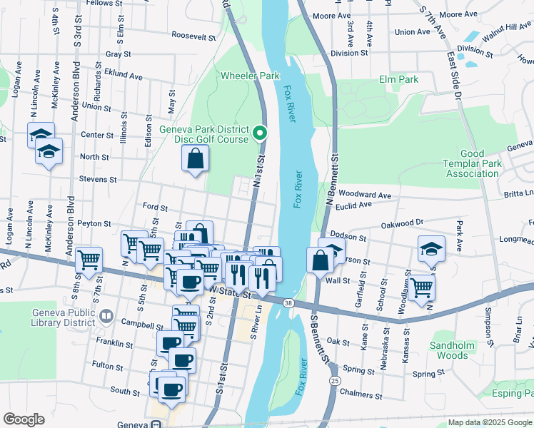 map of restaurants, bars, coffee shops, grocery stores, and more near 10 Ford Street in Geneva