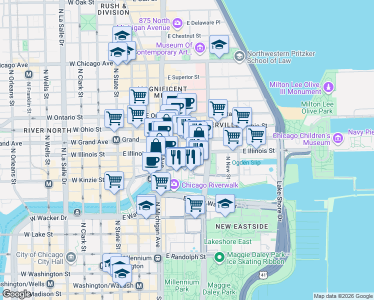 map of restaurants, bars, coffee shops, grocery stores, and more near 450 Cityfront Plaza Drive in Chicago