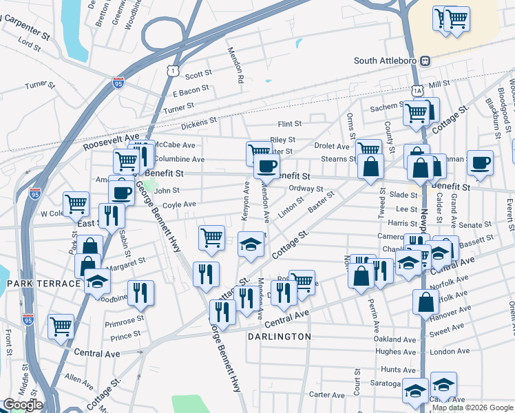 map of restaurants, bars, coffee shops, grocery stores, and more near 264 Mendon Avenue in Pawtucket