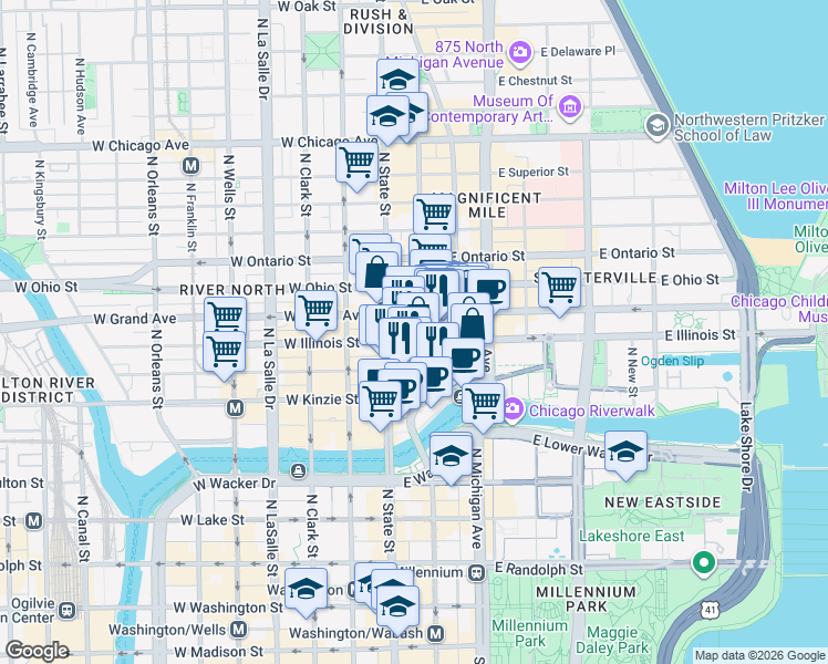 map of restaurants, bars, coffee shops, grocery stores, and more near 505 North State Street in Chicago