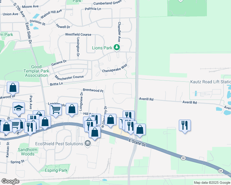 map of restaurants, bars, coffee shops, grocery stores, and more near 1433 Averill Circle in Geneva