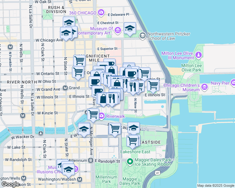 map of restaurants, bars, coffee shops, grocery stores, and more near 201 East Illinois Street in Chicago