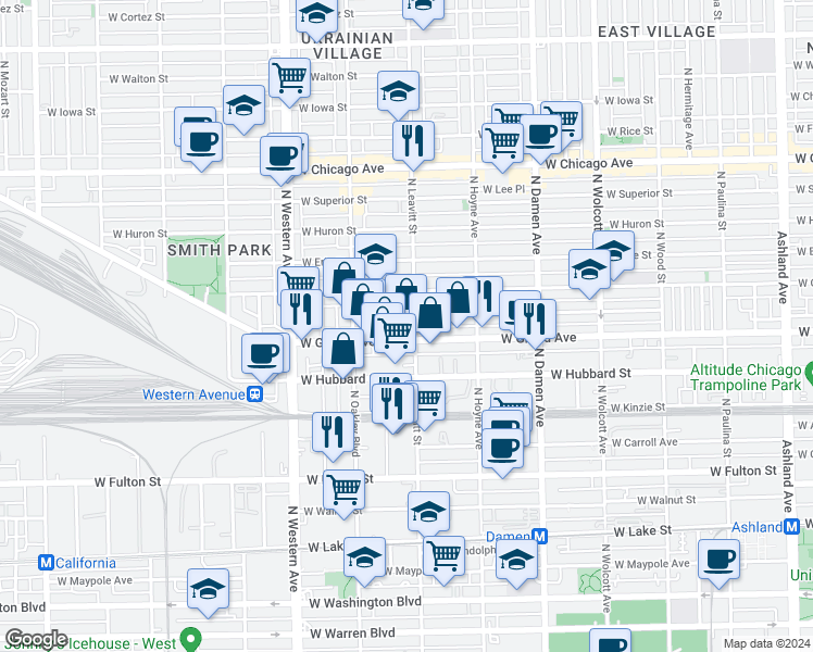 map of restaurants, bars, coffee shops, grocery stores, and more near 2224 West Grand Avenue in Chicago
