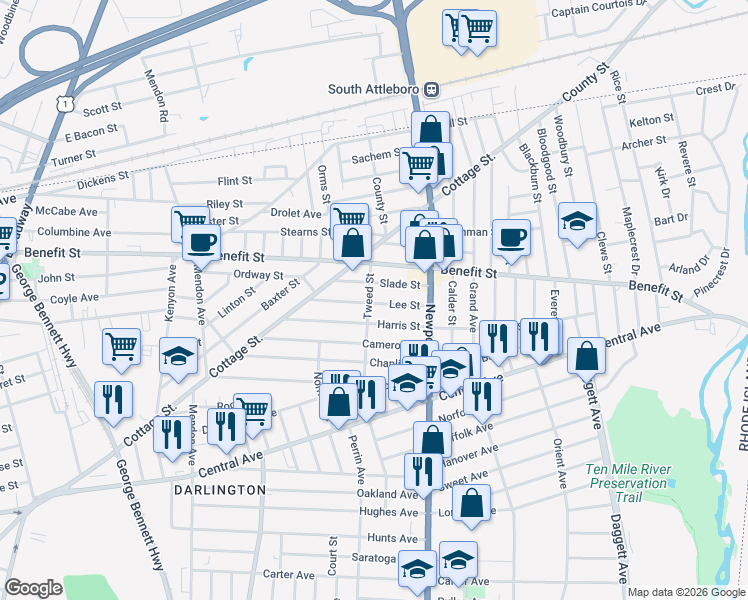 map of restaurants, bars, coffee shops, grocery stores, and more near 133 Tweed Street in Pawtucket