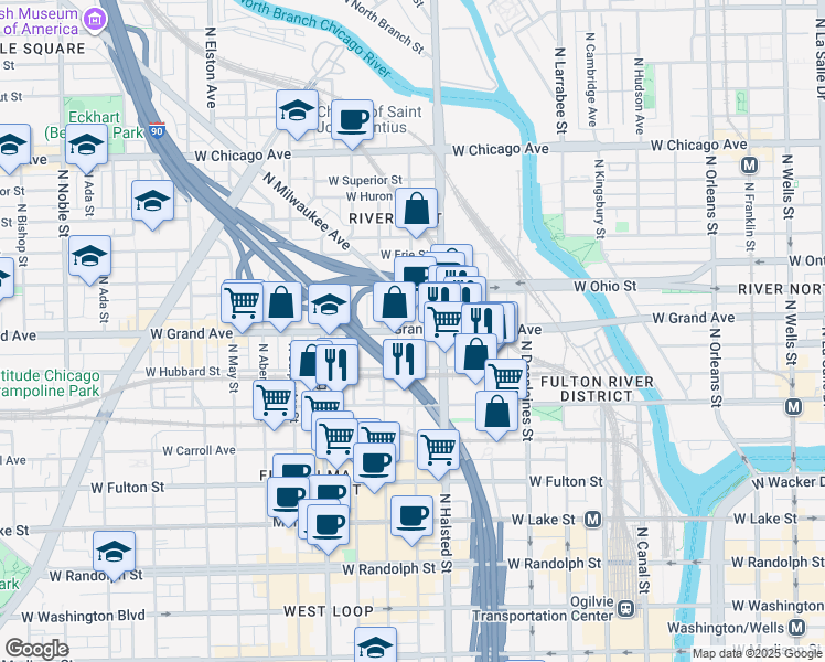 map of restaurants, bars, coffee shops, grocery stores, and more near 500 North Green Street in Chicago