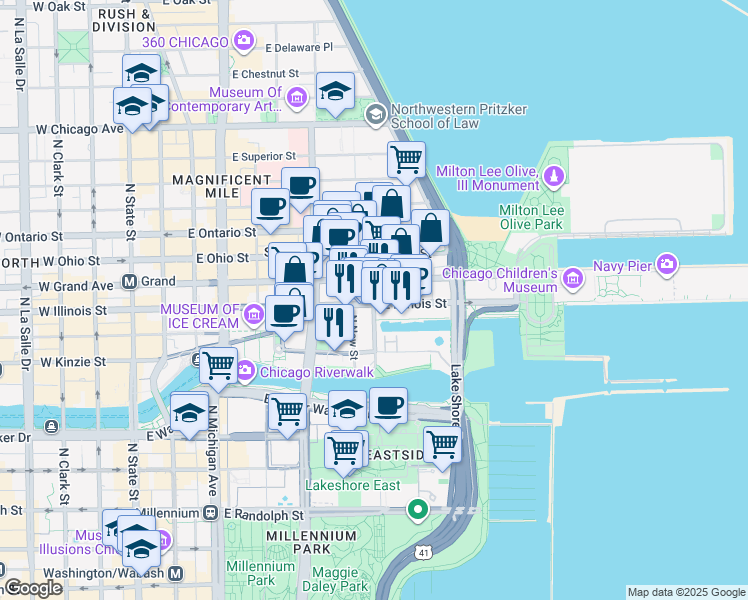 map of restaurants, bars, coffee shops, grocery stores, and more near 501 North McClurg Court in Chicago