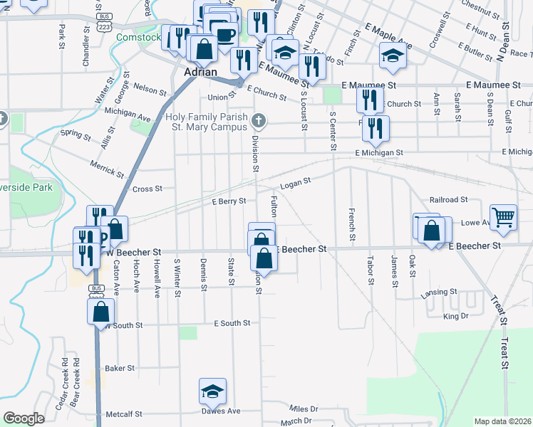 map of restaurants, bars, coffee shops, grocery stores, and more near 318 Lawrence Avenue in Adrian