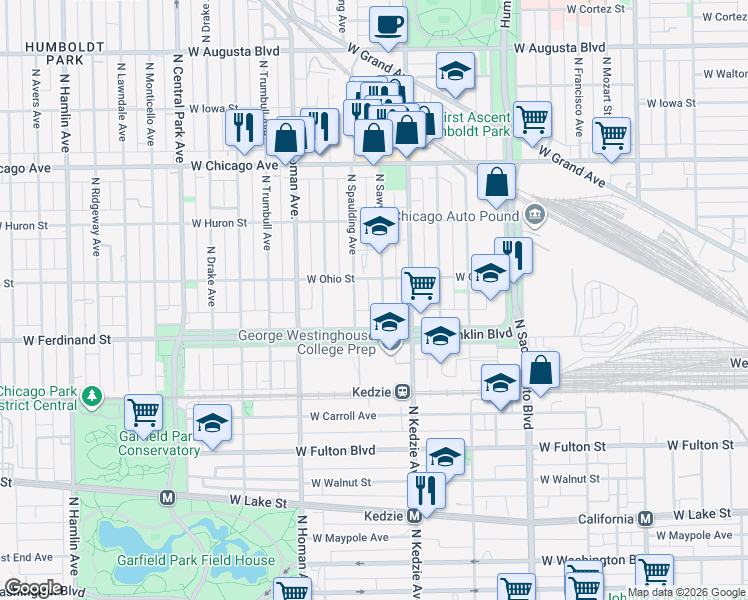 map of restaurants, bars, coffee shops, grocery stores, and more near 3240 West Franklin Boulevard in Chicago