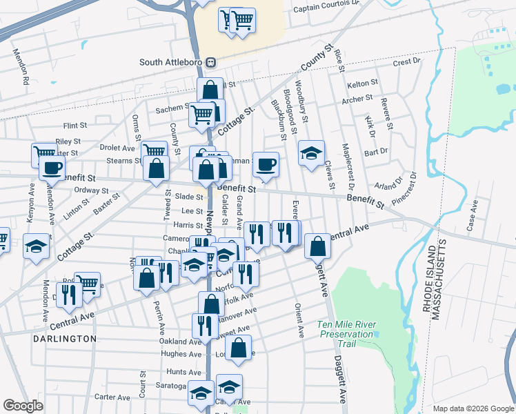 map of restaurants, bars, coffee shops, grocery stores, and more near 10 Bowen Street in Pawtucket