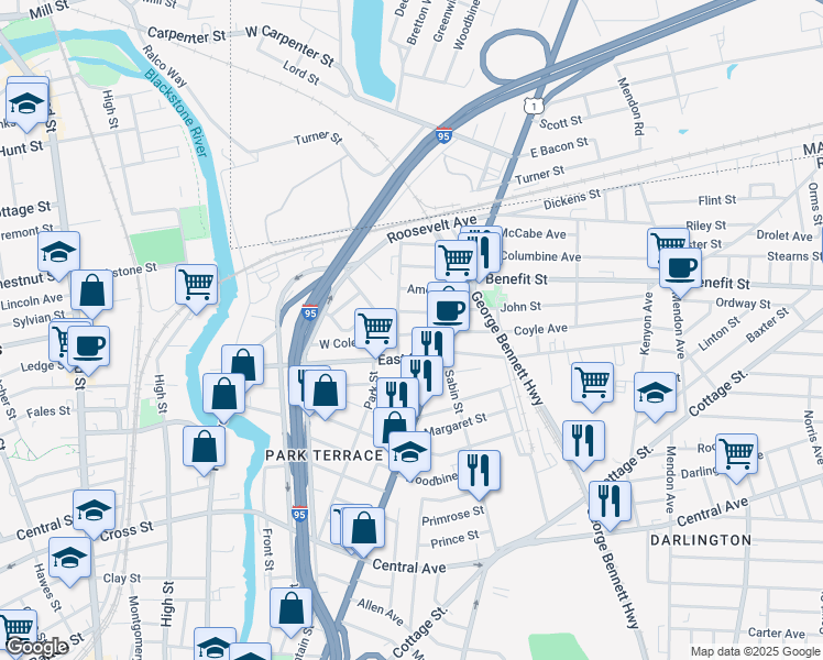 map of restaurants, bars, coffee shops, grocery stores, and more near 222 East Street in Pawtucket