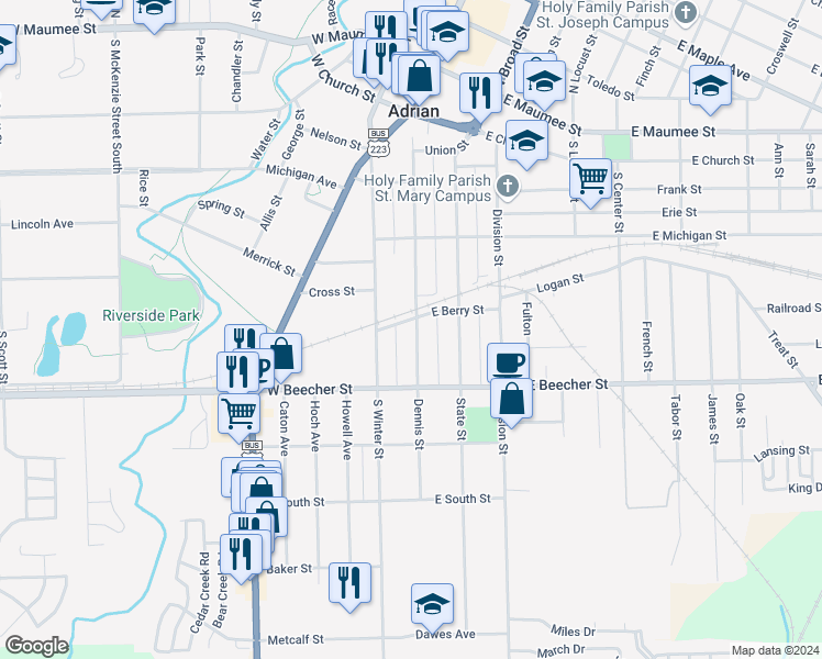 map of restaurants, bars, coffee shops, grocery stores, and more near 634 Dennis Street in Adrian