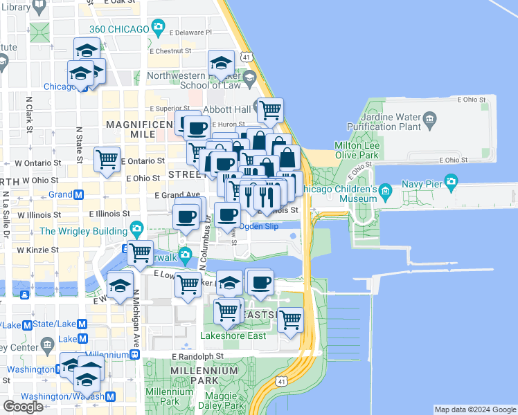 map of restaurants, bars, coffee shops, grocery stores, and more near 465 North McClurg Court in Chicago