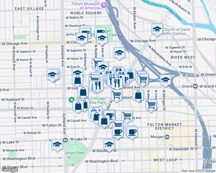 map of restaurants, bars, coffee shops, grocery stores, and more near 451 North Ogden Avenue in Chicago