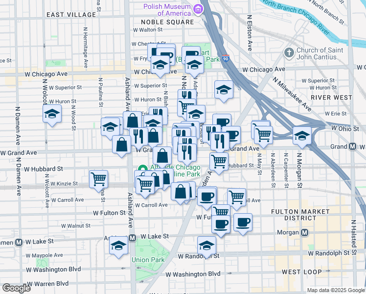 map of restaurants, bars, coffee shops, grocery stores, and more near in Chicago
