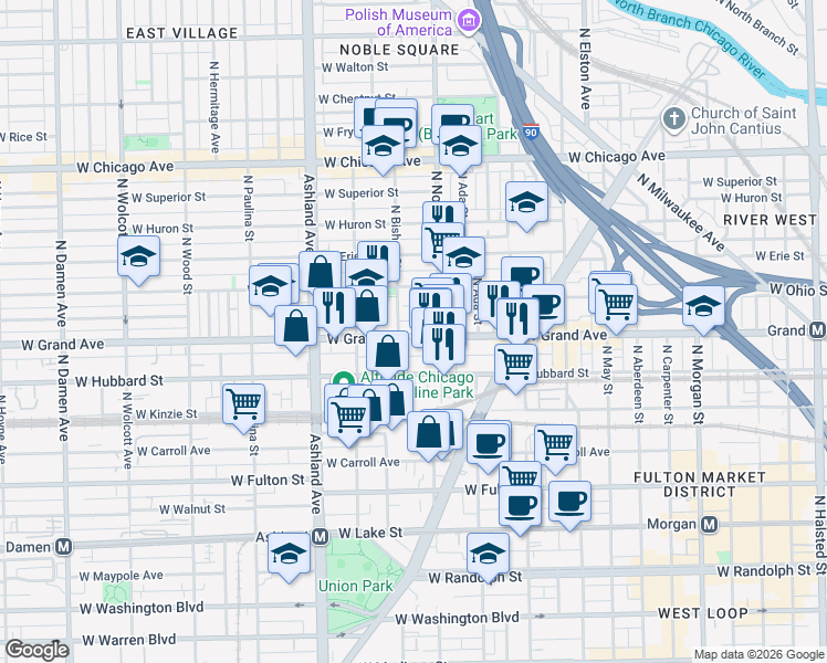 map of restaurants, bars, coffee shops, grocery stores, and more near in Chicago